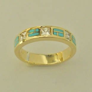 14 Karat Yellow Gold Ring With Diamonds And Natural Turquoise Inlay