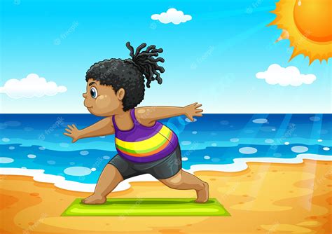 Chica Haciendo Yoga En La Playa Vector Premium
