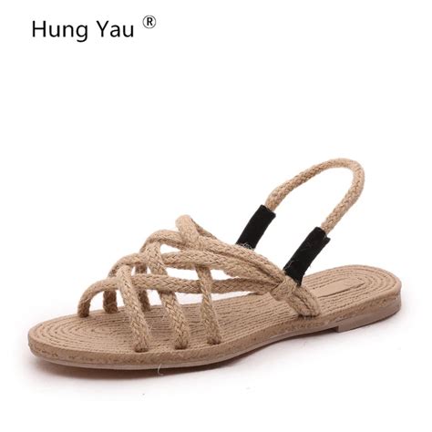 Hung Yau Flat Hemp Rope Cross Tied Sandals Shoes For Women Comfortable Strap Open Toe Ladies