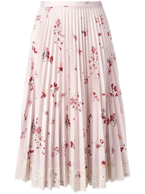 Red Valentino Floral Print Pleated Skirt With Lace Fringe Flower Print