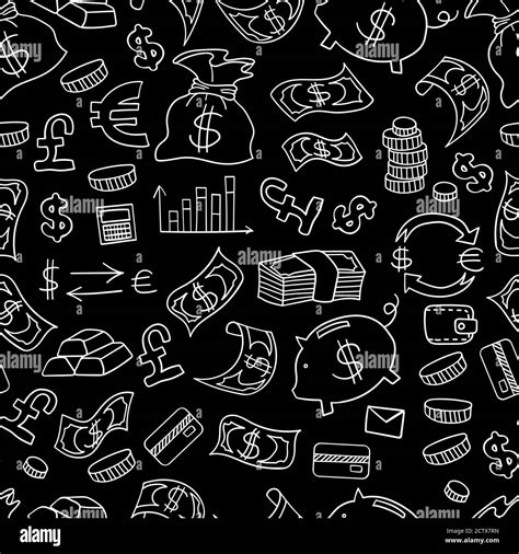 Doodle Money Seamless Pattern Outline Hand Drawn Objects On Black