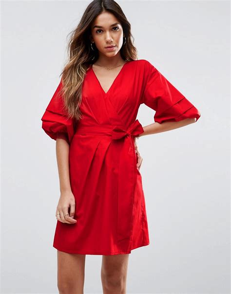 Asos Wrap Dress In Cotton With Hitched Sleeves In Red Lyst