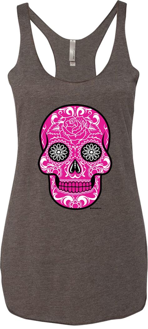 Ladies Pink Sugar Skull Tri Blend Racerback Pink Sugar Skull Ladies Shirts