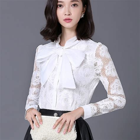 2017 Spring Long Sleeve Bow Tie Lace Shirts Women Elegant White Lace