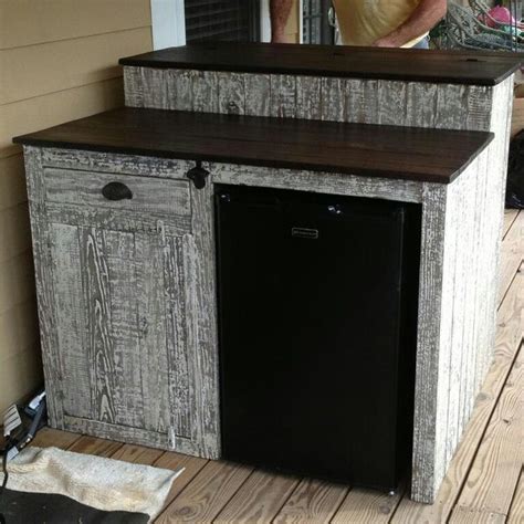 Diy coffee bar, coffee bar station. Custom outdoor bar with mini fridge, storage cabinet and drawer, finished in driftwood | Outdoor ...