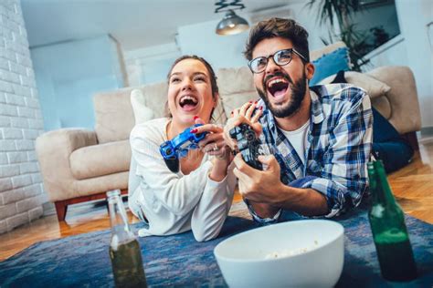 Cute Couple Playing Video Games Stock Image Image Of Game Female 135641429