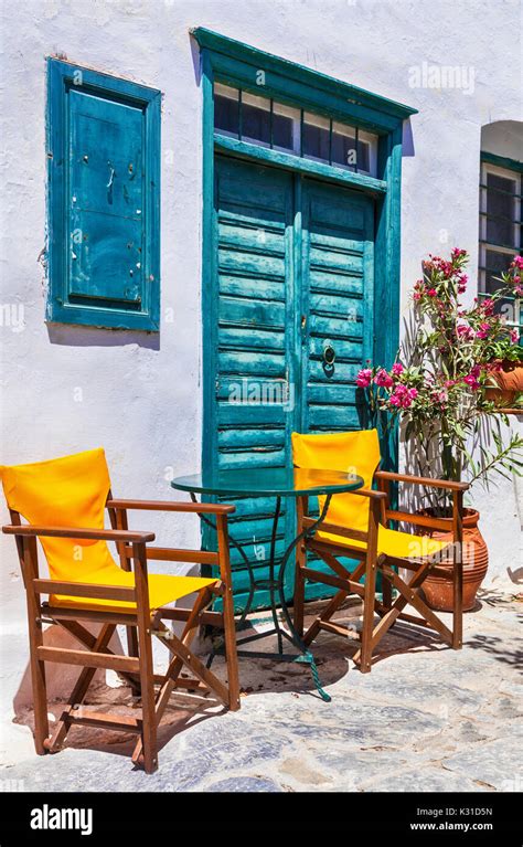 Traditional Cute Street Tavernas In Cyclades Amorgos Island Greece