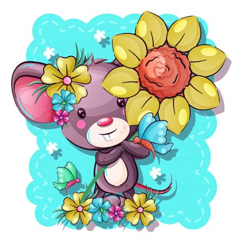 Cute Cartoon Baby Mouse With Flowers Vector Premium Download