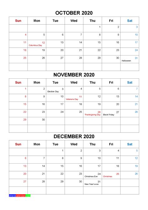 Printable October November December 2020 Calendar Template Word Pdf