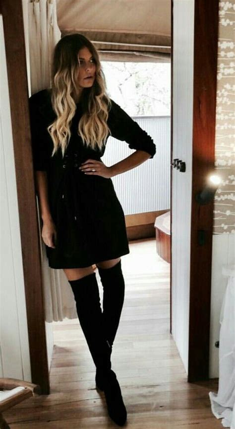 Black Dress And Over The Knee Boots Black Over Knee Boots Knee Dress Outfits