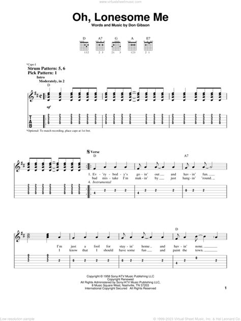 Oh Lonesome Me Sheet Music Easy For Guitar Solo Easy Tablature