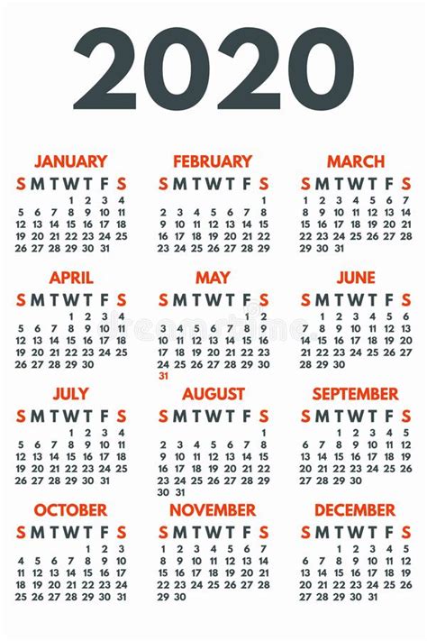 Calendar 2020 Year Vector Pocket Or Wall Calender Template Colorful