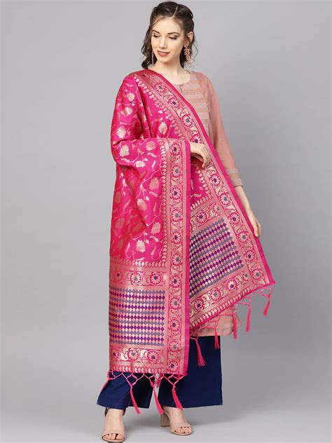 Womens Rani Pink Woven Banarasi Silk Dupattas Manohari 3104290
