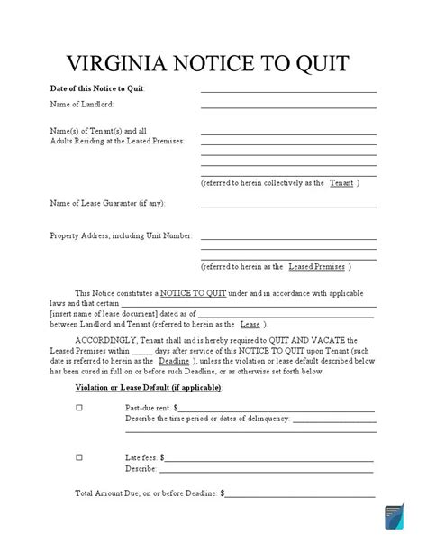 Free Virginia Eviction Notice Forms Va Notice To Quit Formspal