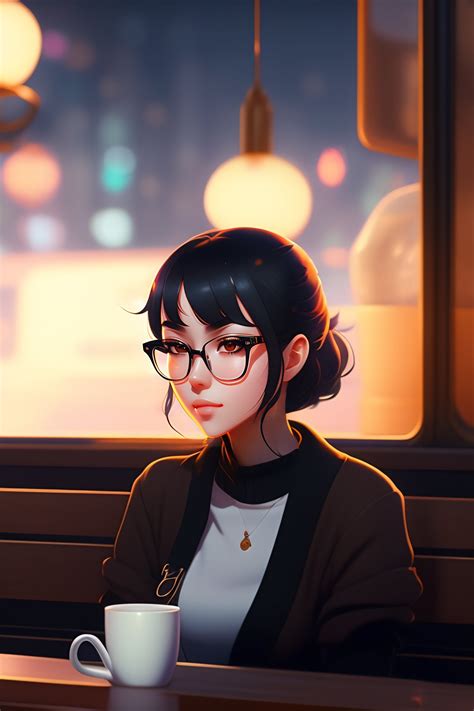 Lexica Cute Synie Leone In Sweater Black Hair Black Wayfarer Glasses Sitting Inside Cafe