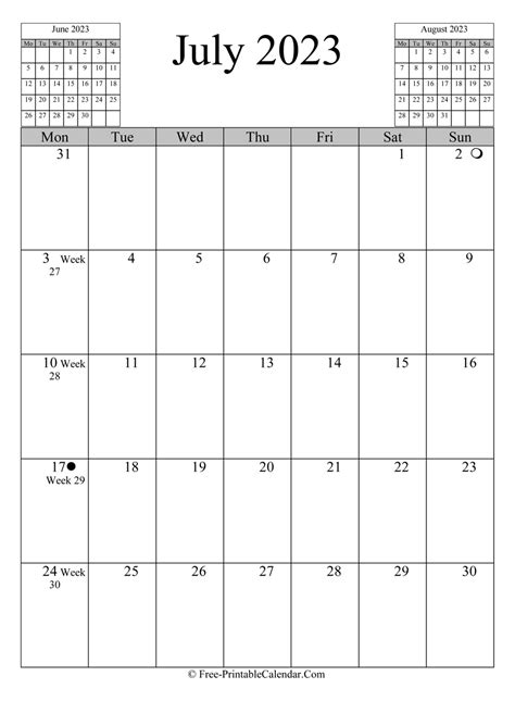 July 2023 Calendar Vertical Layout