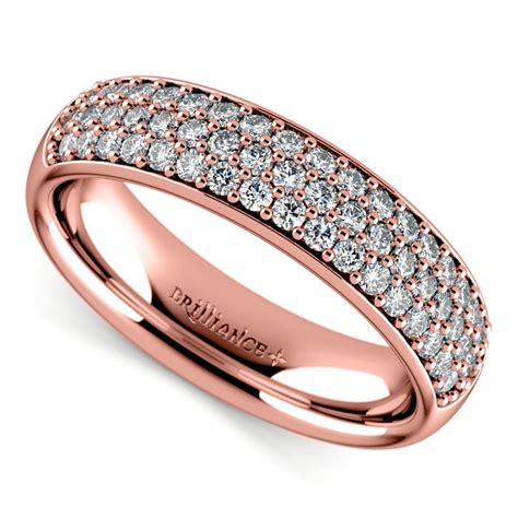 Three Row Pave Diamond Wedding Ring In Rose Gold