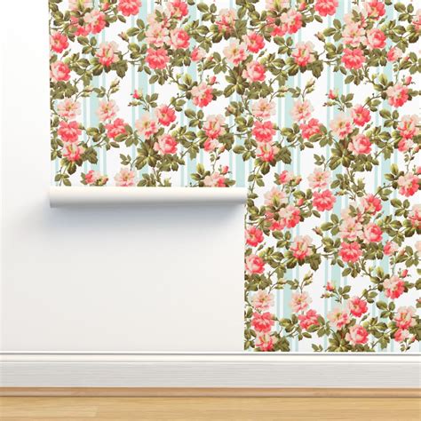 Antiqued Rococo Roses And Stripes Wallpaper Spoonflower