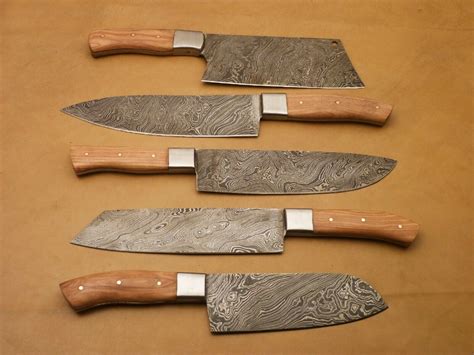 Custom Handmade Damascus Steel Kitchen Knives Set Of 5 With Olive Wood