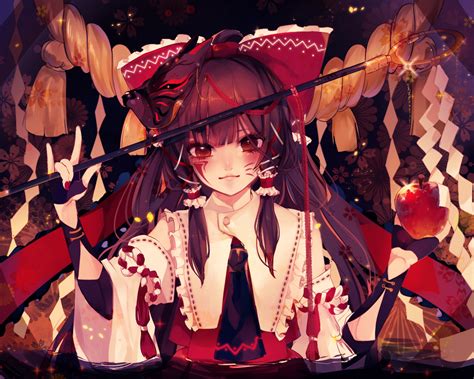 Aliasing Apple Blush Bow Brown Eyes Brown Hair Daimaou Ruaeru Food Fruit Hakurei Reimu Japanese