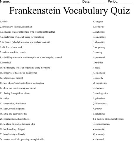 Frankenstein Vocabulary Quiz Worksheet Wordmint