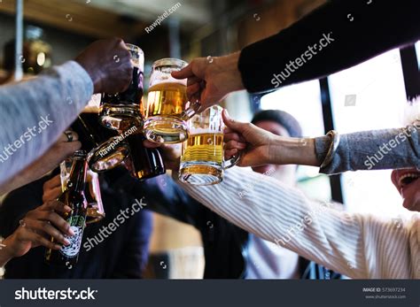 Hands Hold Beverage Beers Bottle Cheers Stock Photo 573697234