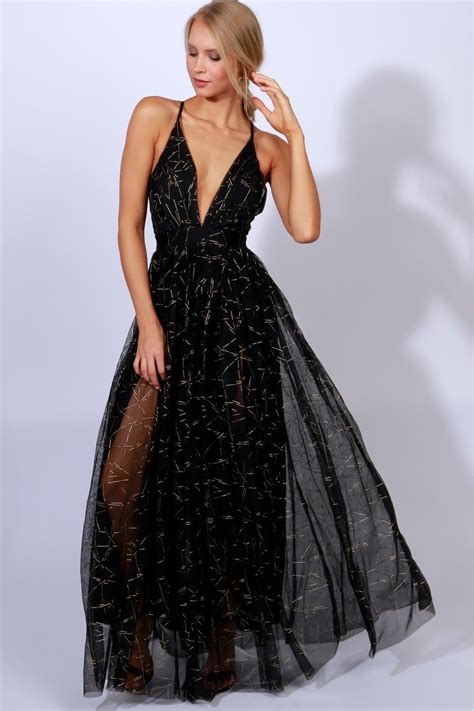Gown To Party Detailed Maxi Blackgold Beautiful Gown With Tulle Cover