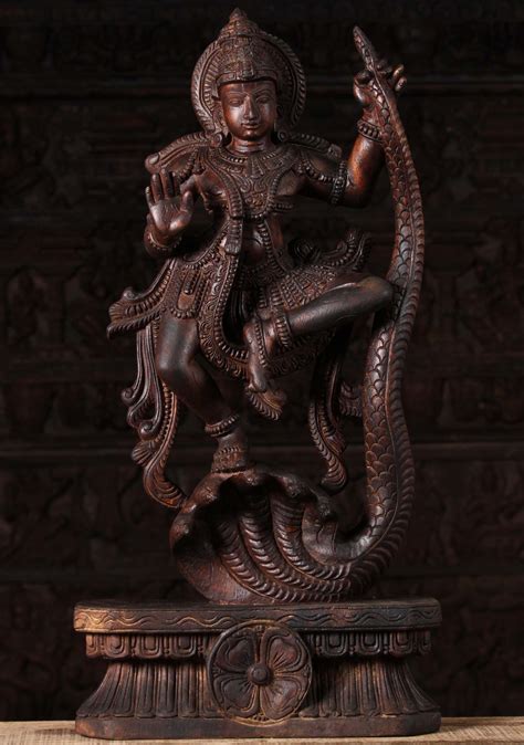 Sold Wood Krishna Dancing On Serpent Kaliya 30 98w10at Hindu Gods