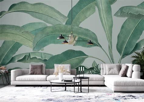 Tropical Leaves Wallpaper Vector Leaves Mural Peel And Stick Etsy