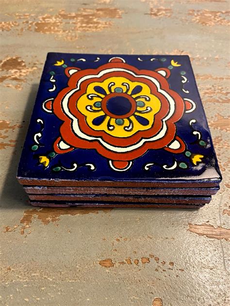 Beautiful Hand Painted Mexican Tile Coasters Set Of 4 Etsy