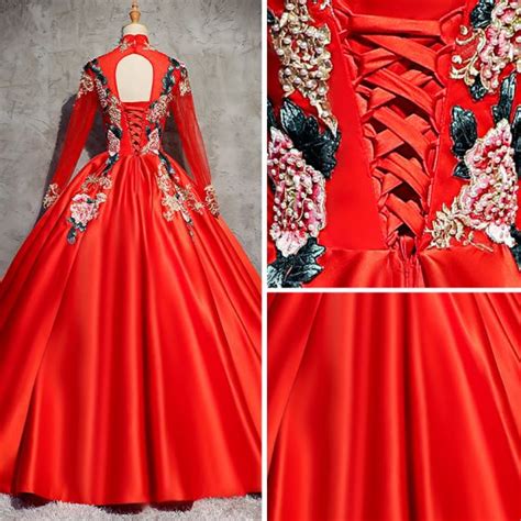 Chinese Style Red Prom Dresses 2017 Ball Gown High Neck Long Sleeve Appliques Lace Beading Pearl