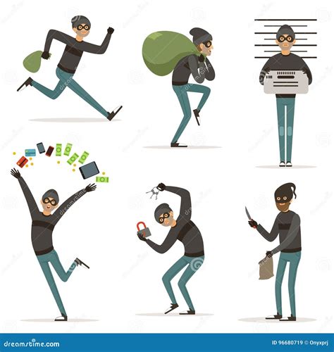 Different Actions Scenes With Cartoon Bandit Vector Mascot Of Thief In