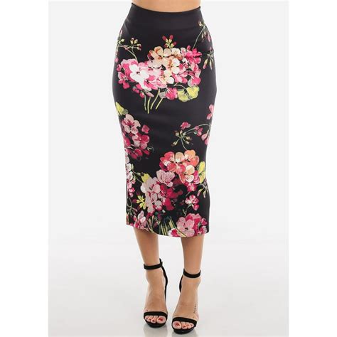 Moda Xpress Womens High Waisted Skirt Floral Print Black Below The Knee Midi Pencil Skirt