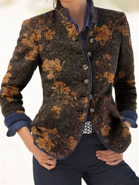 Black Gray Casual Stand Collar Floral Long Sleeve Outerwear Outerwear