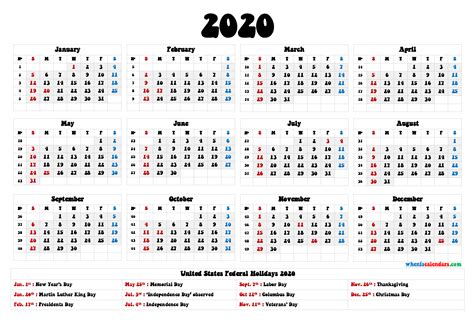 Free Printable 2020 Yearly Calendar With Holidays 12 Templates