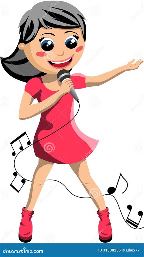 Happy Girl Singing With Microphone Cartoon Vector