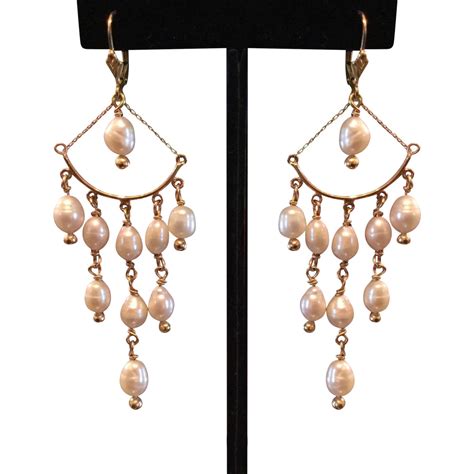 Exquisite 14k Gold Pearl Long Chandelier Earrings Gold Pearl