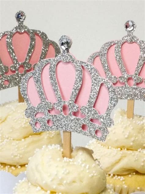 12 Princess Crown Cupcake Toppers Silver Glitter And Light Etsy Crown