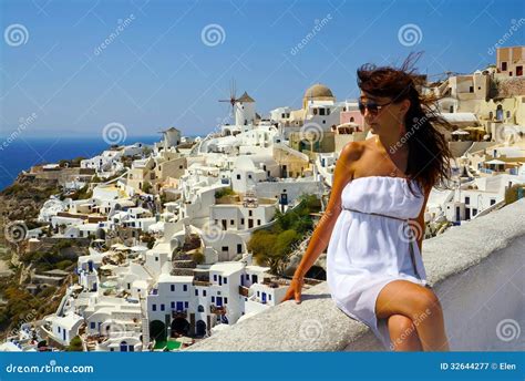 Beautiful Woman On Santorini Oia Royalty Free Stock Photography Image