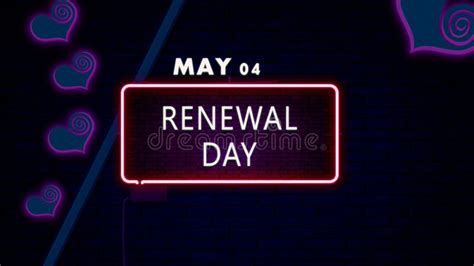 04 May Renewal Day Neon Text Effect On Bricks Background Stock