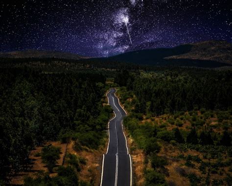 Nature Landscape Starry Night Road Milky Way Galaxy Forest Mountain