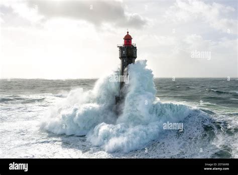 La Jument Lighthouse During Heavy Storm Off Ouessant Island In