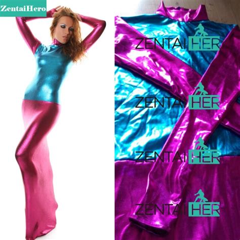 Free Shipping Dhl Sexy Fancy Dress Adult Pinkandblue Long Sleeve Shiny Metallic Zentai Dress