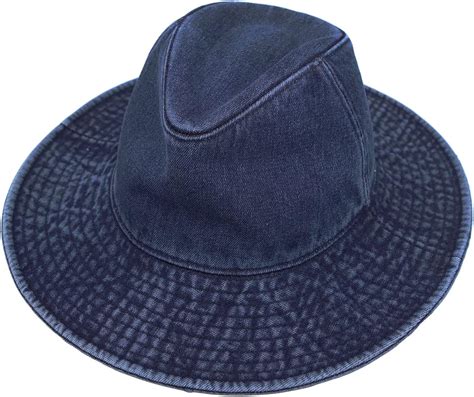 Withmoons Denim Fedora Hat Plain Stitch Washed Short Wide Brim Panama