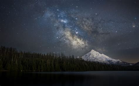 Nature Landscape Snowy Peak Forest Lake Starry Night Milky Way