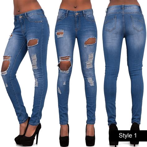 Women Ladies Sexy Stretch Faded Ripped Skinny Fit Denim Jeans Size 6 8 10 12 14 Ebay