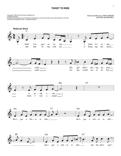 The Beatles Ticket To Ride Sheet Music And Chords Printable Baritone Ukulele Pdf Notes