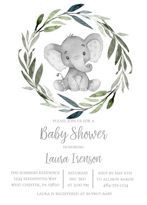 Gender Neutral Elephant Baby Shower Invitation Elephant Etsy Canada