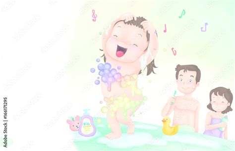 Cartoon Father Mother And Daughter Taking Bath With Foam In Bathroom
