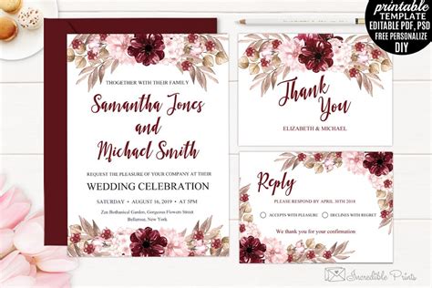 Elegant wedding invitation template set with burgundy and peach watercolor floral frame and border decoration. Marsala Wedding Invitation Template | Creative Wedding ...